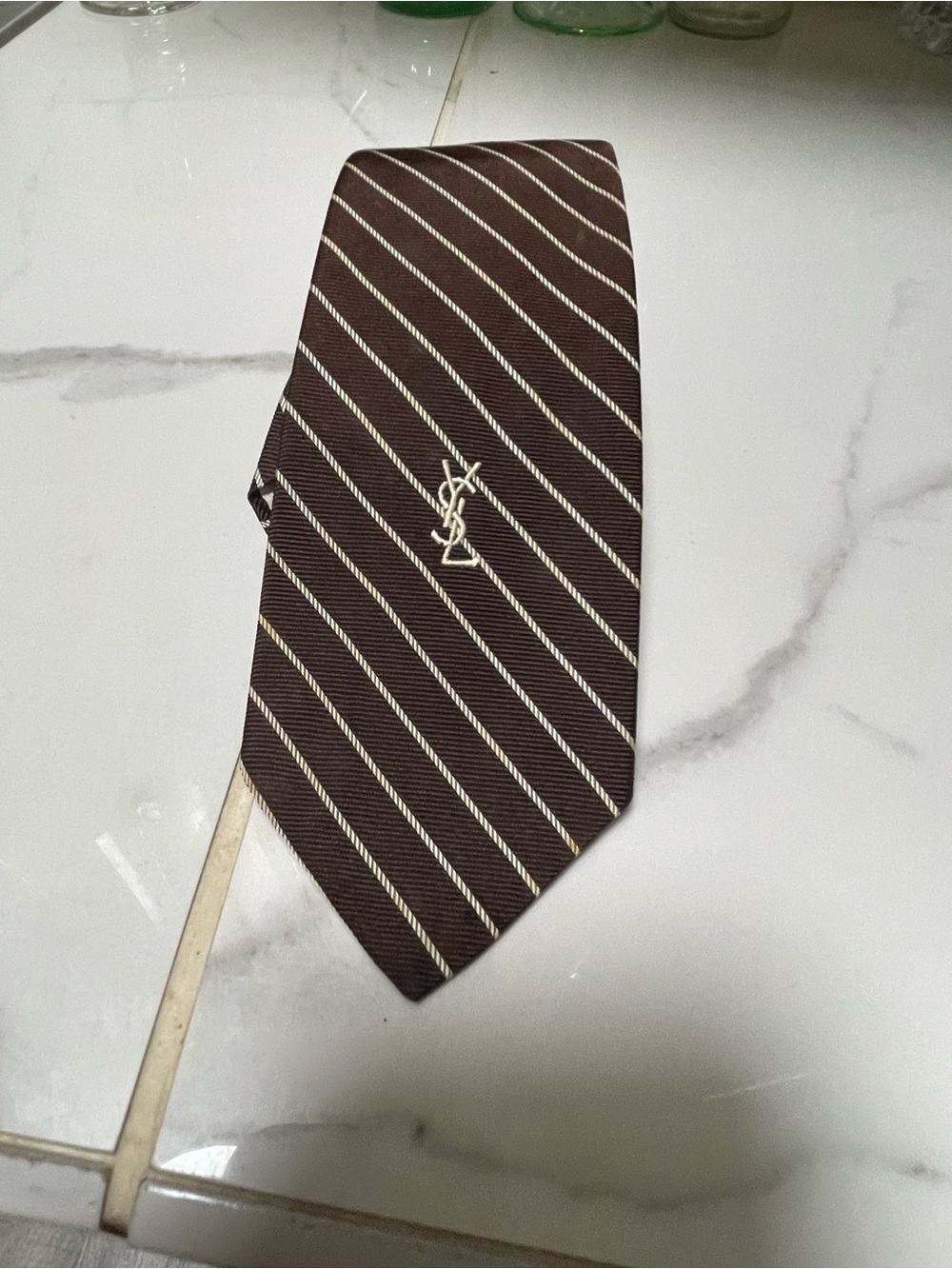 Yves Saint Laurent Vintage Men’s Brown & White Striped Silk Tie